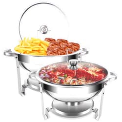 LazyWomen 2Pcs ChafingDish Set, 5QT Round ChafingDish Keep Warm Pot, with Glass Lid and Holder, Keep Food Warm for Parties Catering Wedding Camping Dinner