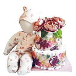 Generic Floral Baby Shower Diaper Cake with Baby Doll