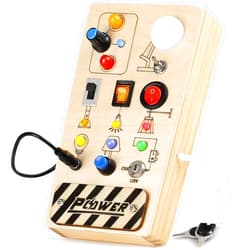 Joyreal Montessori Busy Board Toy for Toddlers, LED Wooden Sensory Board with 8 Switch Light Designs, Early Activity Motor Skills Educational Toys for Toddler 1 2 3 Year Old Boys Girls