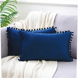 uxcell Pack of 2 Velvet Throw Pillow Covers with Pompoms Decorative Pillow Cases Fringe Cushion Covers Velvet Square Sham for Farmhouse Bedroom Living Room 16 x 16 Inch Dark Blue