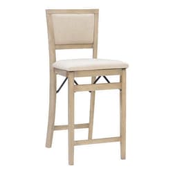Linon Keira Natural Rustic Wooden Folding Counter Stool with Beige Upholstered Seat and Back
