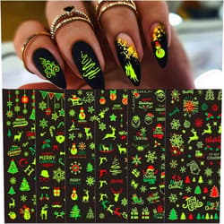 ONEUPIN 9 Sheets Christmas Luminous Nail Art Stickers 3D Winter Xmas Nail Art Supplies Santa Claus Snowflake Elk Snowmen Nail Decals for Acrylic Nail New Year Party Decoration Supplies