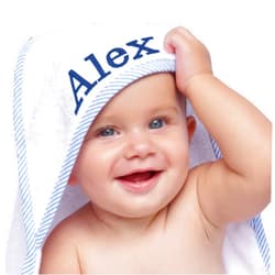 My Personal Memories Personalized Baby Hooded Bath Towel - Monogrammed for Girl and Boy - Embroidered (White with Blue)
