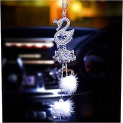 HUANGHEXIANG Bling Women and Man Crystal Ornaments Car Rear View Mirror Ornament Car Pendant Lucky Crystal Window Hanging Car Accessories Fox Hair with Crystal Diamonds Car Decoration (Swan Ball)
