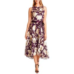 Tahari by ASL Petite Embroidered Midi Dress Plum/Gold Embroidery 8P