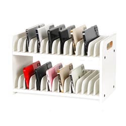 Ozzptuu Cell Phone Storage Classroom Cell Phone Holder Adjustable Wooden Multiple Cell Phone Rack Caddy Organizer Box for Classroom Office Desktop with 1-30 Number Stickers (30-Grid) (White)