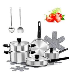 ASKSCICI Stainless Steel Pots and Pans Set, 14-Piece Kitchen Cookware Set with Stay-Cool Handle, Non-Toxic, Dishwasher Safe & Compatible with All Stovetops (Gas, Electric & Induction)