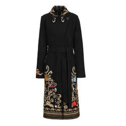 IVKO Boiled Wool Coat with Embroidery in Black Extra Fine Merino Wool with Jade Lining Overcoat Removable Belt Pea Coat