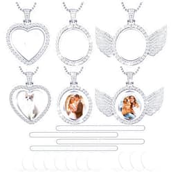 Junkin 24 Pcs Sublimation Rhinestone Trays Pendant Set, Including 6 Double Sided Blank Rhinestone Bezel Trays, 6 Pcs Thick Chains with 12 Sublimation Discs for Making