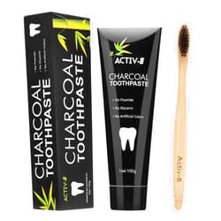 JREPPY Activ-8 Activated Charcoal Toothpaste (100g) and Bamboo Toothbrush, Removes smoke and coffee stains, Vegan, Fluoride Free, Mint Flavour