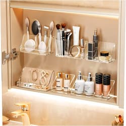 MORNITE 3 Pcs Medicine Cabinet Tray Organizer, Small Adhesive Bathroom Vanity Floating Shelves Storage for Toilet, Mirror, Wall, Countertop, Clear
