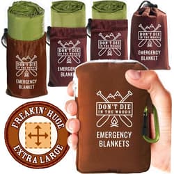 Don't Die In The Woods - Freakin’ Huge Emergency Blankets [4-Pack] Extra-Large Thermal Mylar Space Blankets with Ripstop Nylon Stuff Sacks + Carabiner Zipper Pack [Army Green]