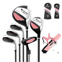 Tangkula 7 Pieces Junior Golf Club Set for Kids Age 11-13 Right Hand, Children’s Golf Clubs Set with #1 Driver & #4 Hybrid & #7/#9/#S Irons & Putter, Head Covers, Golf Stand Bag with Rain Hood
