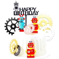 Jetec 11 Pieces Robot Cake Toppers for Boys Robot Birthday Cake Topper Gear Happy Birthday Robot Cake Cupcake Decorations Robot Themed Party Decorations Robot Figurine for Robot Birthday Party Supplies