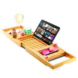 HOME IT Luxury Foldable Bathtub Tray Caddy - Waterproof Wooden Bath Organizer for Wine, Book, Soap, Phone - Expandable Size Fits Most Tubs