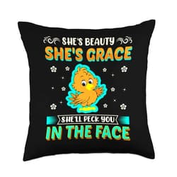 Chicken Gifts - By Tick Tock Beauty Grace She'll Peck You in The Face Cute Chicken Chick Throw Pillow, 18x18, Multicolor