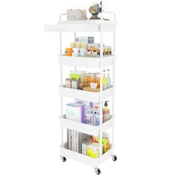 Calmootey 5-Tier Rolling Utility Cart with Drawer,Multifunctional Storage Organizer with Plastic Shelf & Metal Wheels,Storage Cart for Kitchen,Bathroom,Living Room,Office,White