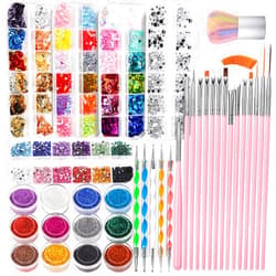FANDAMEI Nail Art Kit, Nail Design Tools Kit with Nail Art Brushes, Nail Dotting Tools,Fine Glitter,Nail Butterfly, Nail Heart Glitter Sequins, Nail Foil Flakes, Nail Art Rhinestones, Nail Dust Brush