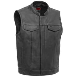 First Mfg Co Sharp Shooter Men's Motorcycle leather Vest - Classic Black Leather, Banded Collar, Covered Snaps, Conceal Carry Pockets, Mesh Lining, Patch Access, YKK Zippers