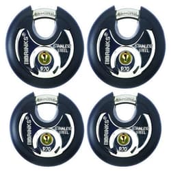 BRINKS Heavy Duty Padlocks & Keys 4 Pack 70mm Stainless Steel Keyed Alike Commercial Discus Keyed Lock for Storage Shed Garage Locker Sliding Doors Cabinets & More Round with Boron Shackle, Black
