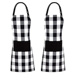 Jubatus 2 Pack Buffalo Check Aprons with 2 Pockets Adjustable Bib Chef Kitchen Apron for Men and Women, Black & White