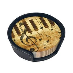 Famame 6 Pcs Leather Coasters for Drinks with Holder Grunge Retro Piano Music Notes Coaster Sets Drink Table Cup Coasters for Living Room Kitchen Coffee Decor