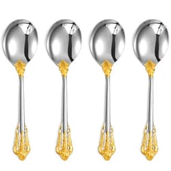 KEAWELL Gorgeous Round Soup Spoon, Set of 4, 18/10 Stainless Steel, Luxury Bouillon Spoon, Dishwasher Safe, Fine Mirror Polished (Gold Accent)