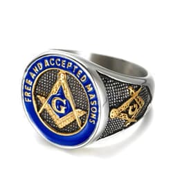 IFUAQZ Men's Stainless Steel Masonic Freemason Rings Gold Blue Free and Accepted Masons Symbol Signet Band