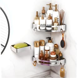 VINIUSIKI Corner Shower Caddy with Soap Holder and 4 Hooks, Rustproof SUS304 Stainless Steel Bathroom Organizer,Drilling Wall Mounted Rack for Bathroom & Kitchen & Home Decor,3-Pack