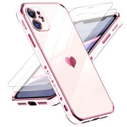 LeYi for iPhone 11 Phone Case: with Tempered Glass Screen Protector [2 Pack] + Full Camera Lens Protection,Love Heart Plating Women Cute Luxury Soft TPU Shockproof for iPhone 11 Case, Pink