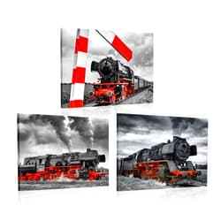 iKNOW FOTO 3 Piece Canvas Wall Art Black and Red Steam Locomotive Train Poster Pritns Old Vintage Steam Engine Pictures Modern Home Decor Stretched and Framed Ready to Hang 12x16inchx3pcs
