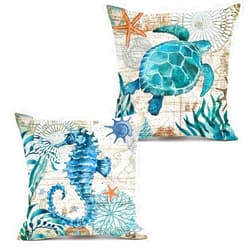 KAKABUQU Ocean Theme Decorative Throw Pillow Cover 18x18 Set of 2, Turtle Seahorse Throw Pillows Linen Mediterranean Ocean Coastal Beach Outdoor Pillow Cushion Cases for Patio Couch Sofa Bed Decor