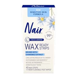 Nair Sensitive Hair Remover Wax Ready Strips, Face and Bikini Hair Removal Wax Strips, 40 Count