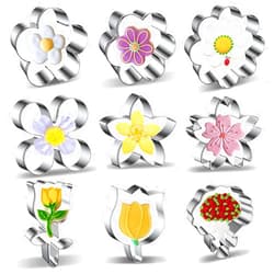 Xzhloym Flower Cookie Cutter Set 9-Piece Rose, Tulip, Lilac, Cherry Blossom, Plum Blossom, Frangipani, Daisy, Sunflower, Bouquet, Scalloped Edge Summer Flowers Cookie Cutters Shapes Biscuit Fondant Molds