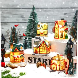 Queekay Winter Village LED Lighted DIY Miniature Resin Ornament Kits with Cedar Bare Branch Tree Street Lamp Room Decor (Retro Style)