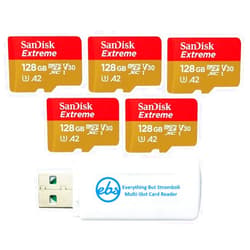 Everything But Stromboli SanDisk 128GB Extreme MicroSD (5 Pack) Memory Card for DJI FPV Drone (SDSQXAA-128G-GN6MN) Class 10 4K V30 UHS-I U3 A2 SDXC Bundle with (1) Everything But Stromboli MicroSD and SD Card Reader