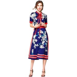 LAI MENG FIVE CATS Women's Vintage Retro Shirt Collar Allover Floral Print Casual Elegant Midi Dress