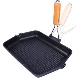 REDCAMP Nonstick Grill Pan with Folding Handle for Stove Tops, Versatile Griddle with Pour Spouts, Indoor & Outdoor Grilling, Black Steak Pan, Compatible with All Stovetops,14.5(L) x9.9(W)
