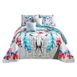 Western Peak Bull Skull Native Tribal Feather Artisan Southwestern Boho Design Quilt Bedding Set with Pillows (5 Piece Set, King)