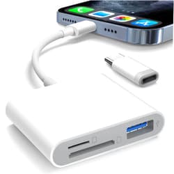 AkHolz SD Card Reader for iPhone iPad Built-in Dual Lightning & USB-C Connector Card Adapter with SD MicroSD USB-A 3 Slots Trail Camera Memory Card Viewer, Portable No App Required Plug and Play