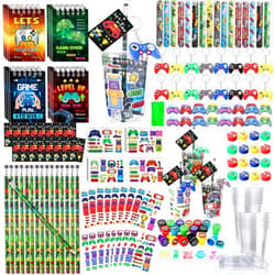 RoundFunny 265 Pcs Video Game Party Favors Drinking Cups Notebook Pencils Sharpener Keychain Slap Bracelets Ring Stamp DIY Sticker Tattoo Sticker Tag Twist Tie for Boy Kid Birthday Gamer Reward Gift