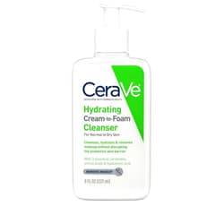 CeraVe Hydrating Cream To Foam Cleanser, Makeup Remover Face Wash For Dry Skin, Foaming Facial Cleanser With Hyaluronic Acid, Normal To Dry Skin, Fragrance Free & Non Comedogenic, 8 Fluid Ounces