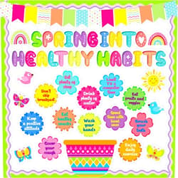 Honoson 74 Pcs Spring Bulletin Board Decorations Set Spring into Healthy Habits Paper Cutouts Colorful Flower Butterfly Birds Sunshine Bulletin Decor for School Classroom Wall Chalkboard Supplies