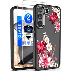 Dretal for Samsung Galaxy S22 5G Case Floral, Military Grade Drop Tested Hard Back & Soft Edge Slim Flower Women Girls Phone Protective Cover + Tempered Glass Screen Protector for Galaxy S22 (Black)
