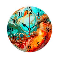 HighonHi 16 Inch Wood Clock Aqua Turquoise Blue Orange Red Brown Bohemian Art Decorative Clock Silent Non-Ticking Quartz Battery Operated Arabic Numeral Marble Textured Wall Clock Farmhouse Home Decoration