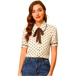 Allegra K Polka Dots Blouse for Women's Peter Pan Collar Bow Tie Neck Puff Sleeve Vintage Shirt Top