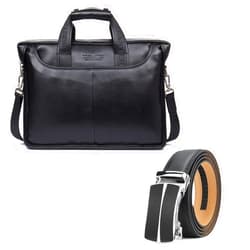 BOSTANTEN Leather Briefcase Handbag Messenger Business Bags for Men and Men's Leather Ratchet Dress Belt with Automatic Sliding Buckle