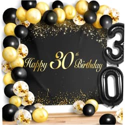 LINGPAR Happy 30th Birthday Balloons Black Set Decor - Cheers to 30 Years Old Party Theme Garland Banner Backdrop Decorations For Women and Men Supplies