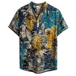 GDJGTA Mens Ethnic Short Sleeve Tee Casual Cotton Linen Printing Hawaii Shirt Hawaiian Henry Collar Shirt Top Blouse M-3XL