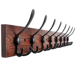 Kuhome 32'' Large Coat Rack Wall Mount Coat Hooks Coat Hanger with 8 Metal Black Triple- Hooks Brown Pine Real Wood Plank Hat Rack for Wall Hooks for Hanging Coat Hat Jacket